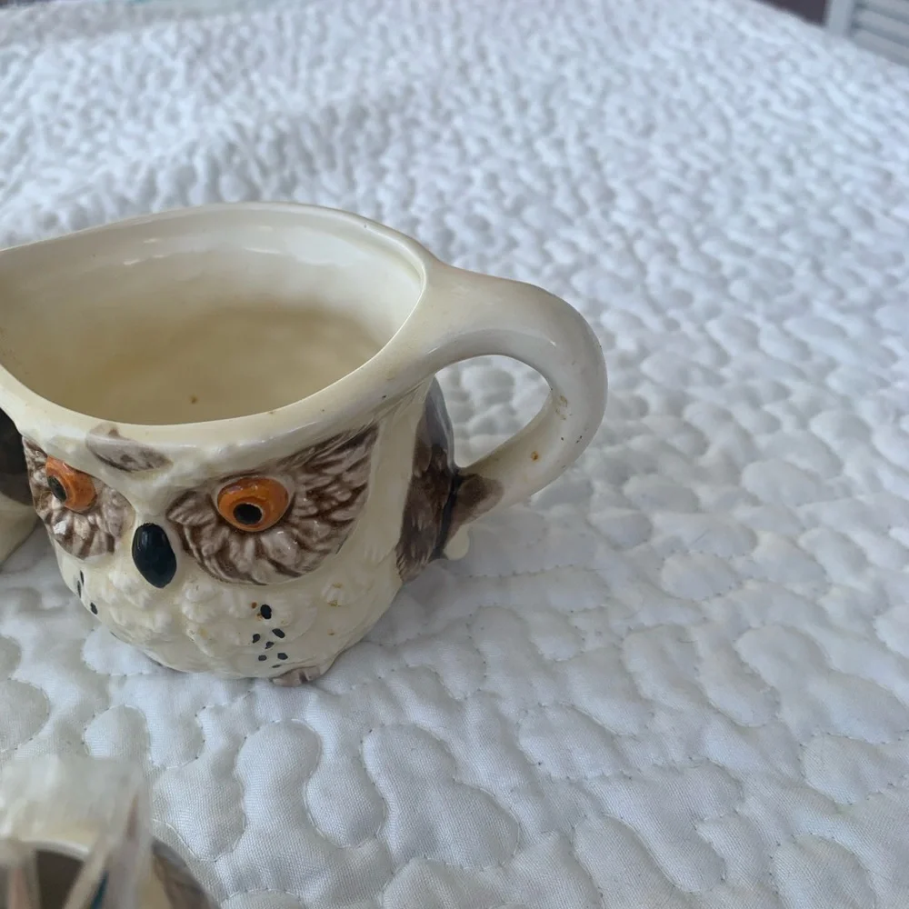Ceramic Owl Tableware Set spoon, rest, toothpick holder, cream& sugar with lid. - Picture 7 of 10
